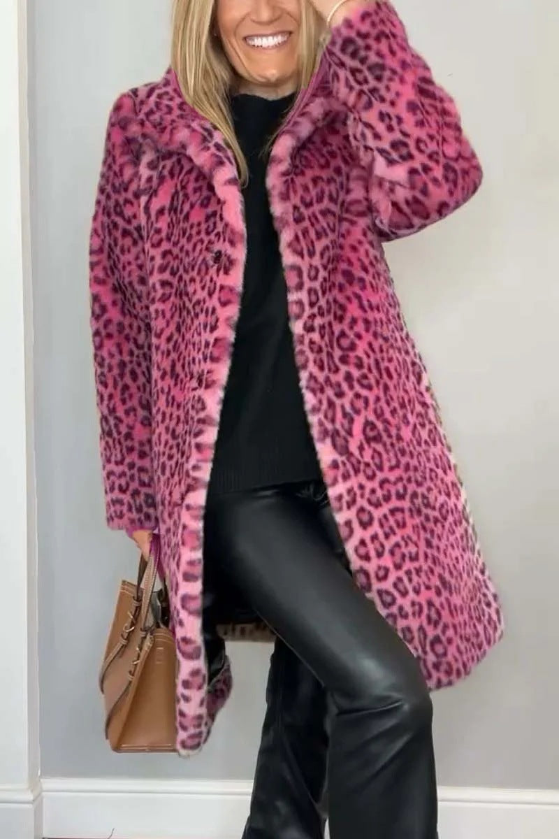 Manteau Mi-Long Claudia en Peluche Imprimé Léopard – Automne/Hiver