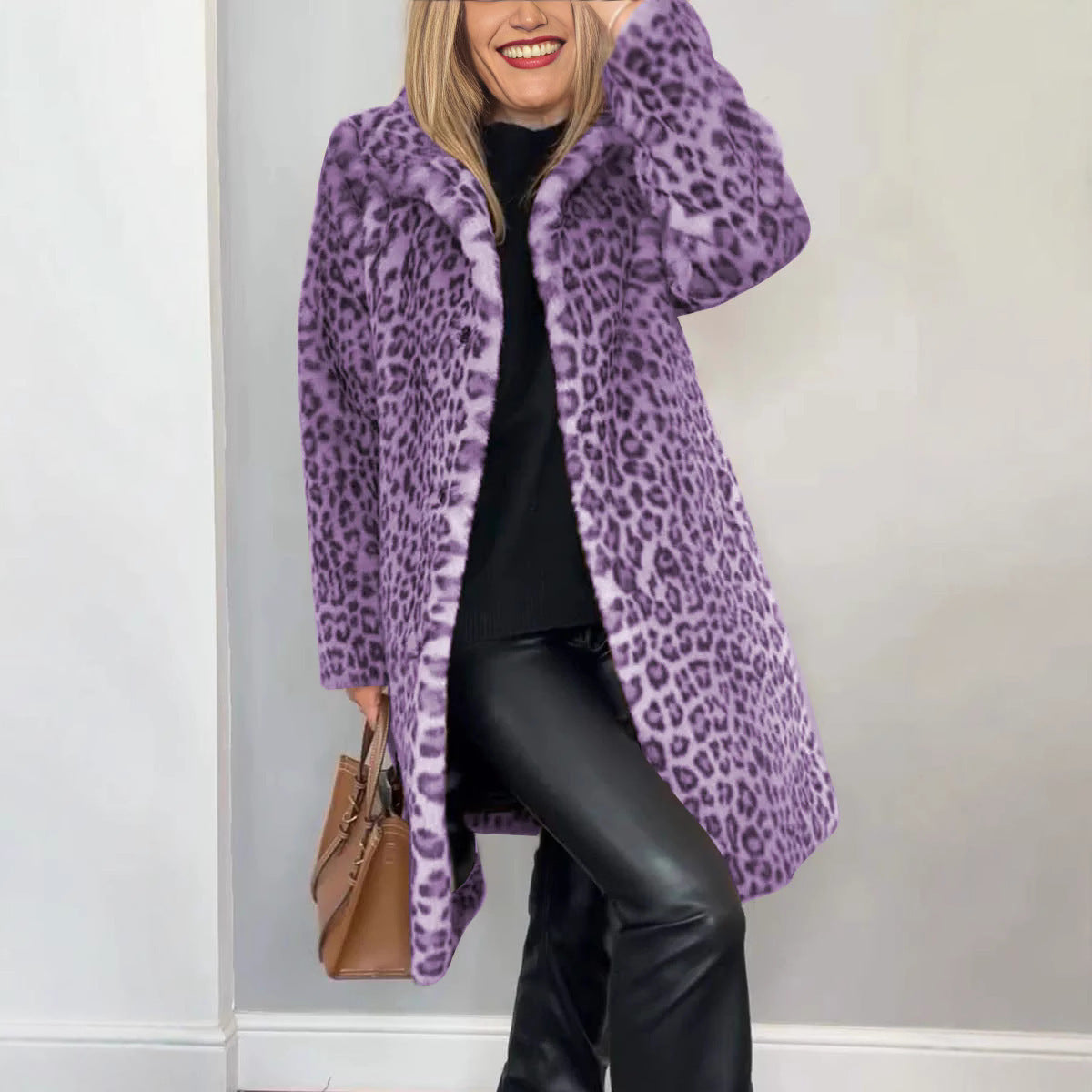 Manteau Mi-Long Claudia en Peluche Imprimé Léopard – Automne/Hiver