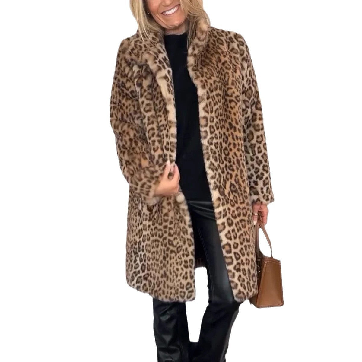 Manteau Mi-Long Claudia en Peluche Imprimé Léopard – Automne/Hiver