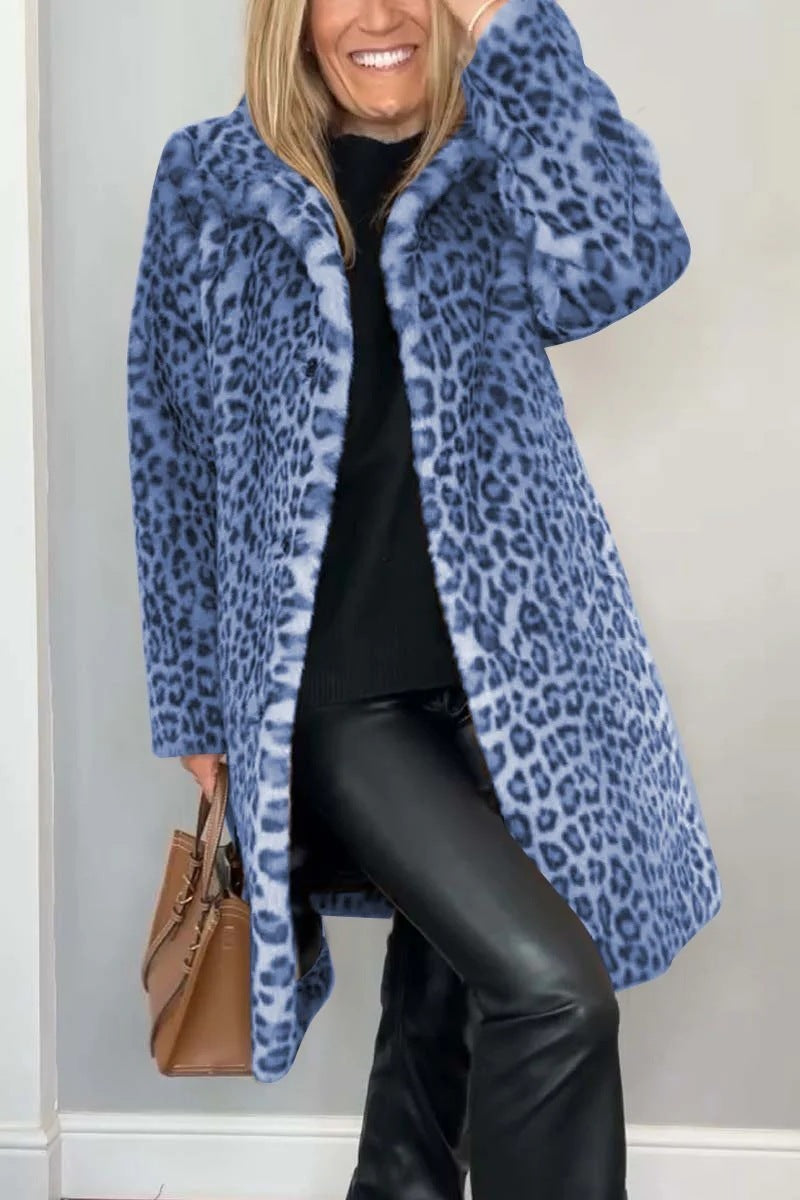 Manteau Mi-Long Claudia en Peluche Imprimé Léopard – Automne/Hiver