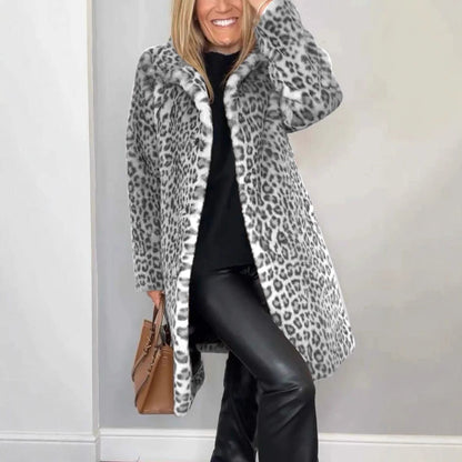 Manteau Mi-Long Claudia en Peluche Imprimé Léopard – Automne/Hiver